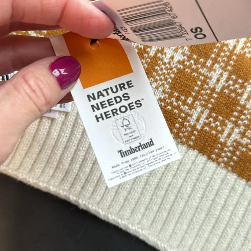 NWT Timberland Buffalo Plaid Knit‎ Scarf Cozy Logo Checkered Tan Cream